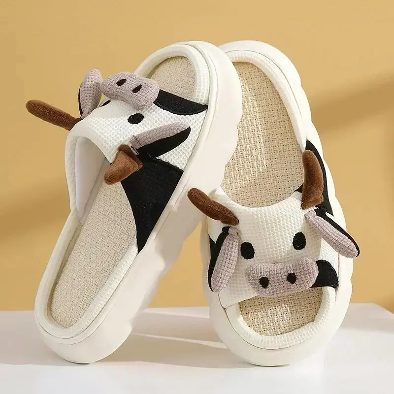 Four Seasons Universal Indoor Home Cotton Linen Sandals Cute Cartoon Cow Linen Slippers Non-slip