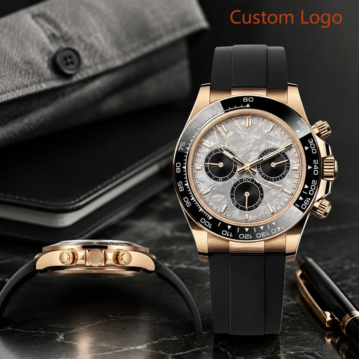 40mm Luxury Meteorite Dial Mens Racing Wristwatch Polished Gold Plated Case Scratch Resistant Ceramic Bezel Multifunction Stopwatch Timer Comfort Grooved Rubber Band Business Customized Watches