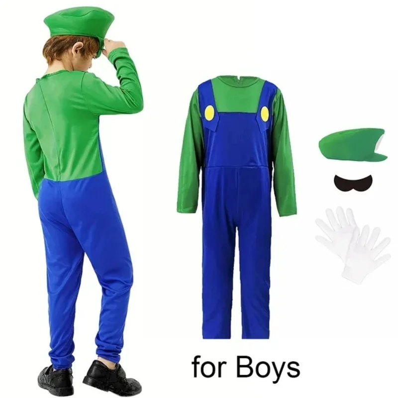 Canalizador Bros Cosplay trajes para crianças e adultos, macacão com chapéu, roupas engraçadas, extravagantes, bigode, luvas, Halloween, Carnaval, jogo, meninos