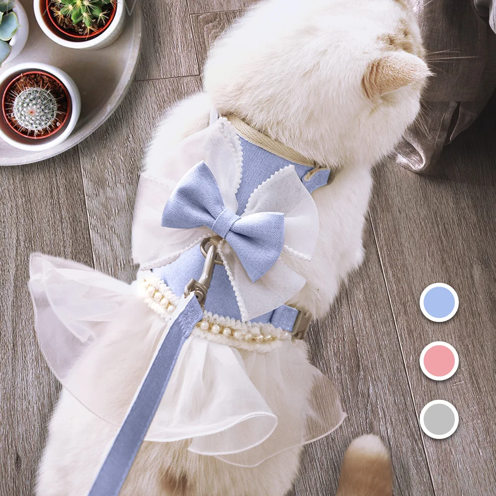 Cute Bowknot Cat Harness Leash Princess Cat Dress Costumes Nylon Kittten Party Dress Puppy Harnesses For Small Dogs Cats Pink