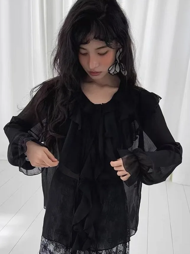 Chic lourd embelli Sa irt femmes printemps nouveau ample mince cloche Sve haut en mousseline de soie Faionable trajet pur commerce électronique