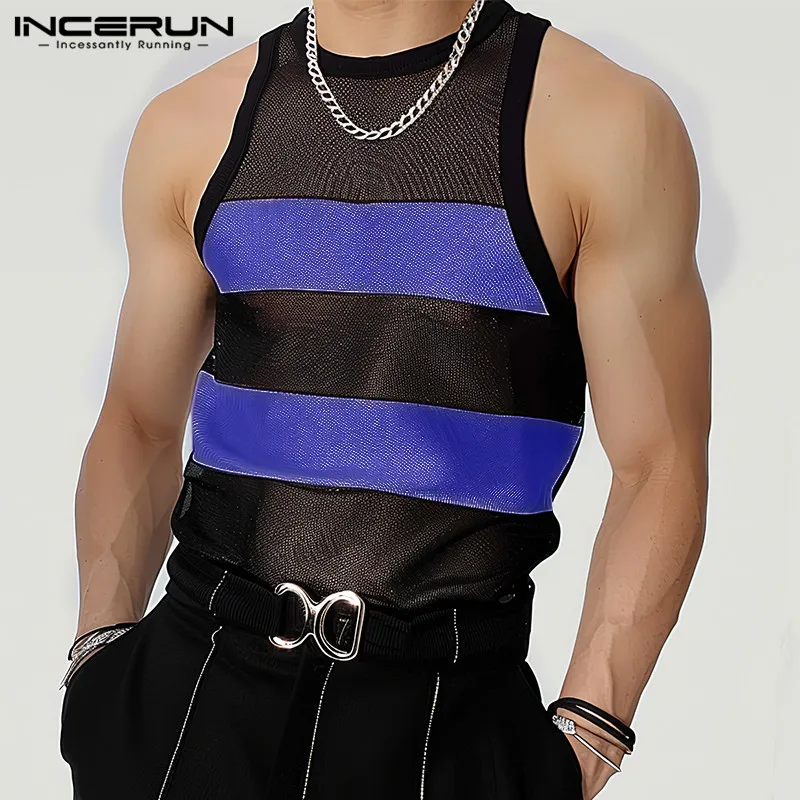 INCERUN Men\'s Tank Tops Striped Mesh See Through O-neck Sleeveless Streetwear Sexy Vests Summer 2024 Fashion Men Clothing S-5XL