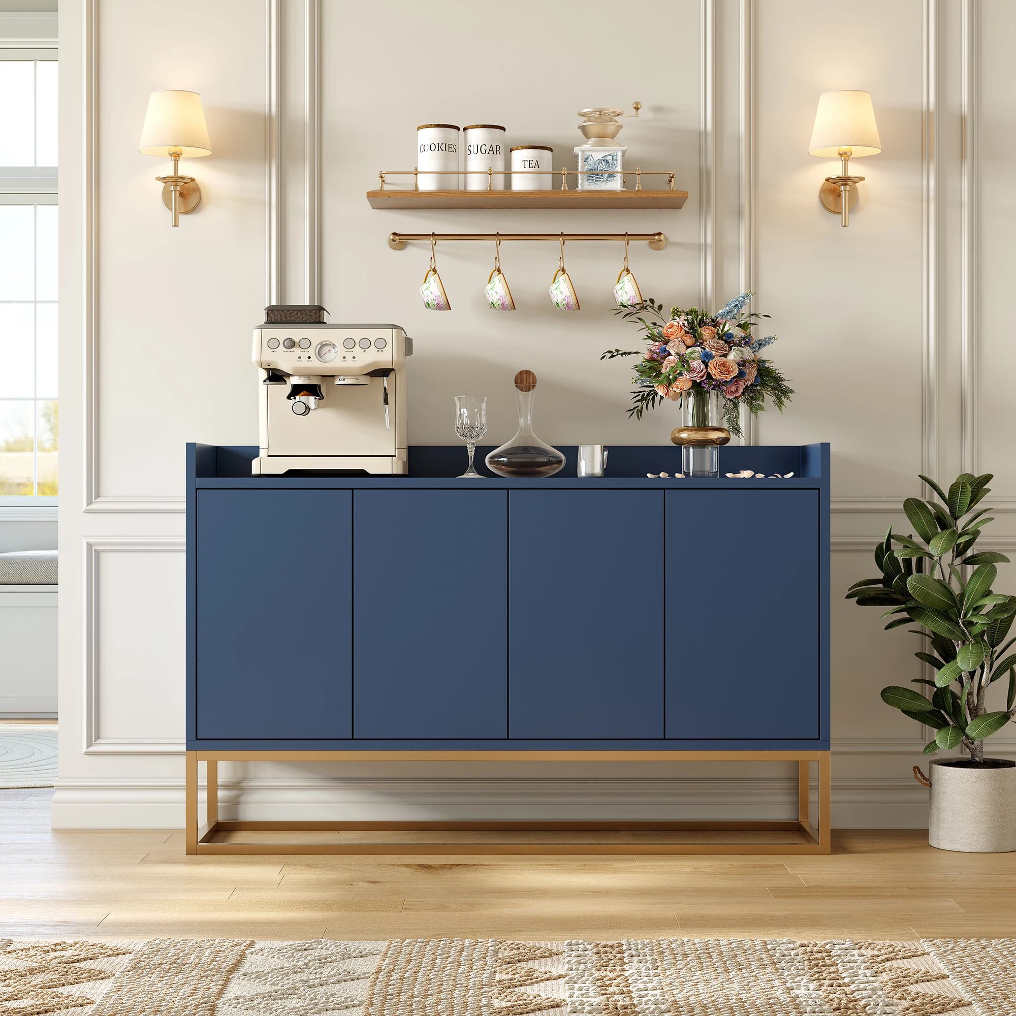 Rosahqnda Küchenschrank 120x30x80 cm mit 4 Türen und verstellbaren Regalen, Aufbewahrungssideboard Buffetschrank für Esszimmer, MDF-Spanplatte, Weiß/Schwarz/Blau