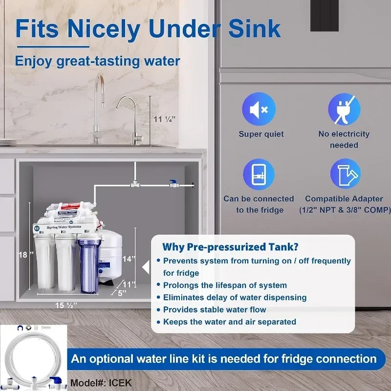 QWiSpring RCC7AK,NSF bersertifikasi 75 GPD, sistem Osmois terbalik 6 Tahap Alkaline, sistem Filter air remineralisasi pH di bawah wastafel