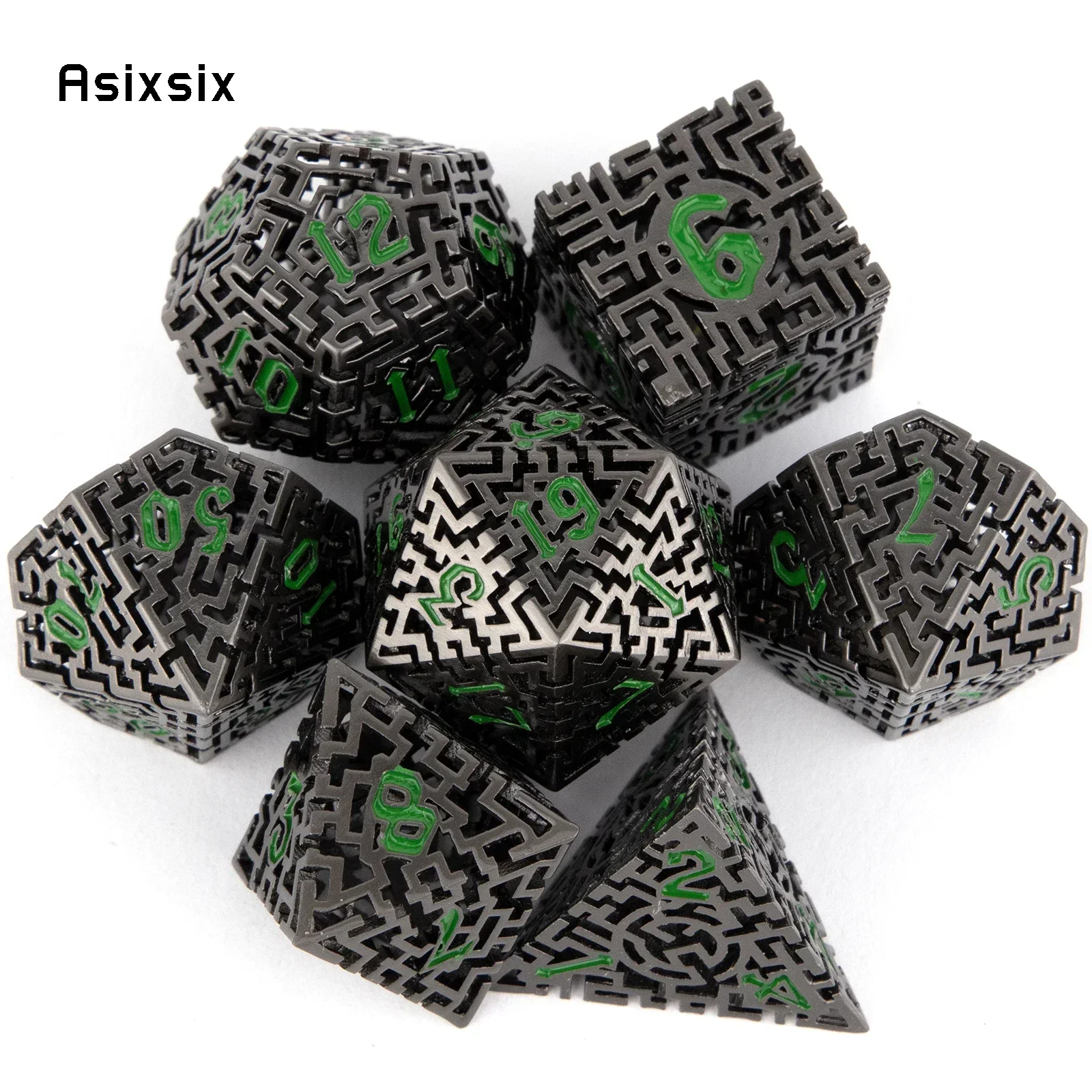7 Pcs Black Green Maze Hollow Metal , Dnd Dice Set Perfect For Card Games Board Games For Critical Role, Rpgs, D&D