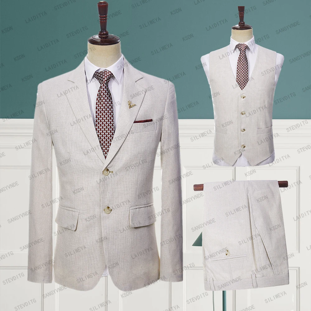 2023 New Men's Suit High End Popular Pure Khaki Linen Slim Formal Business Wedding Three Piece Jacket Vest Pants