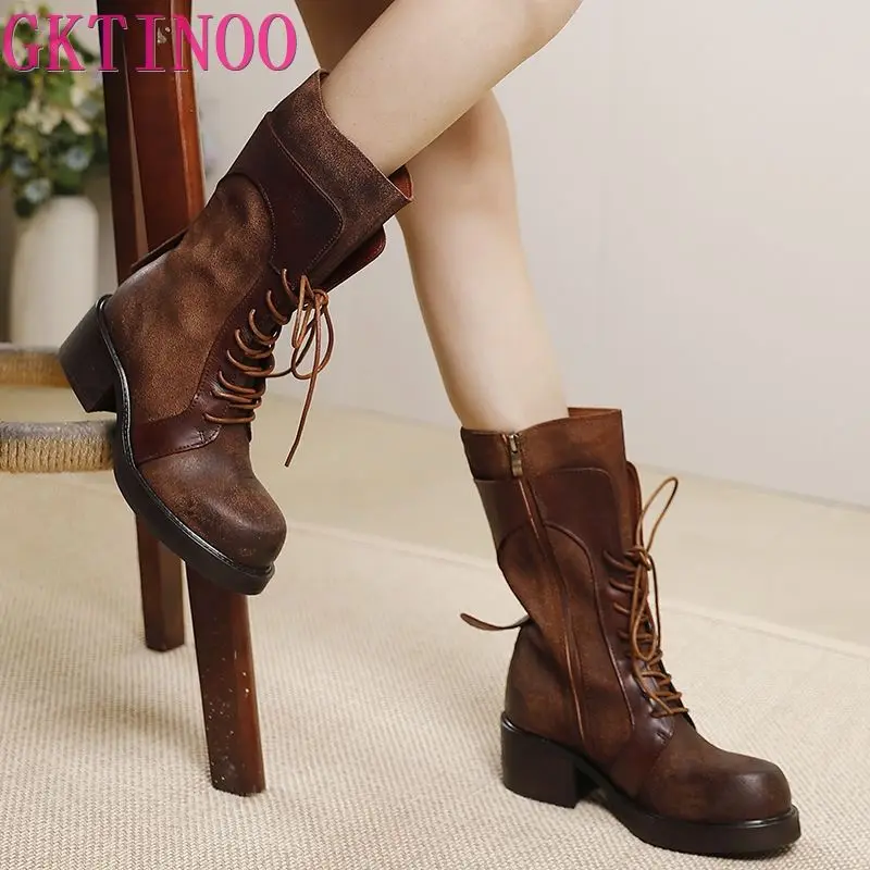 GKTINOO Women Motorcycle Boots Genuine Leather 2024 New Zip Round Toe Women Shoes Sewing Handmade Retro Ankle Platform Boots