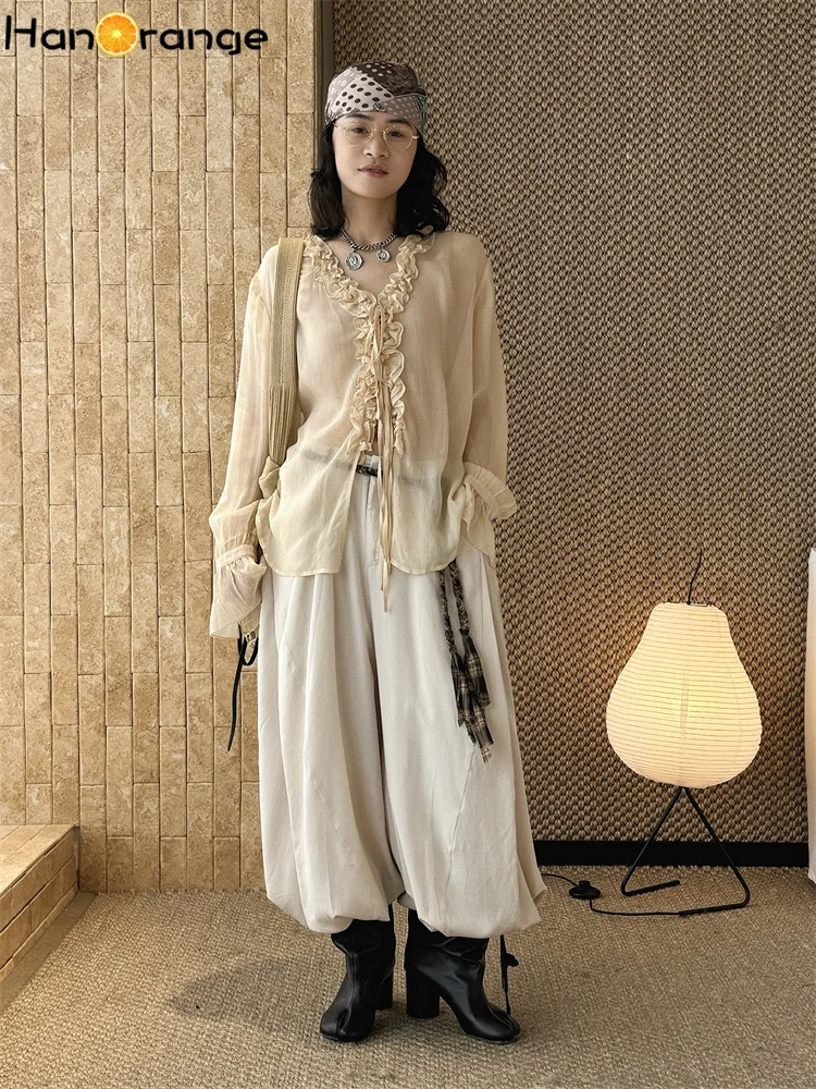 HanOrange 2026 Spring Autumn Natural Bohemian Nomad Style Falling Flow Dynamic Pants Women Trousers Military Green/Apricot Gray