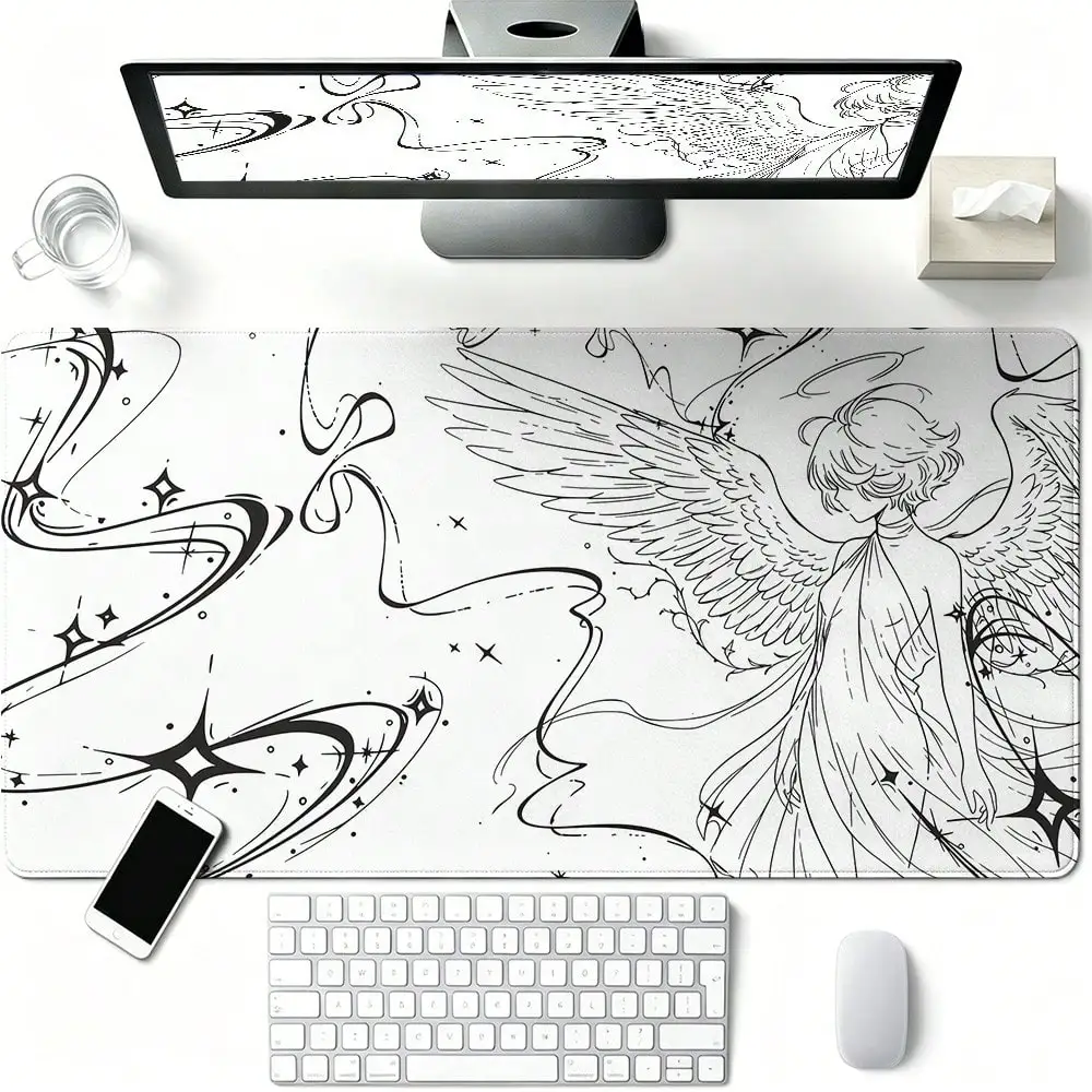 Aesthetic Angel Line Art XL Large Extended Mouse Pad, White Black Wing Star Halo Gaming Desk Mat Non-Slip Rubber Keyboard Mat For PC Laptop Work Game