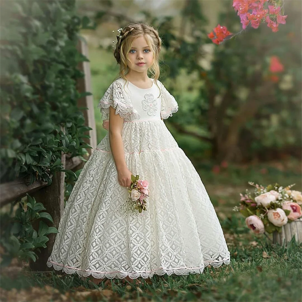 

First Communion Flower Girl Dresses for Wedding Short-sleeved Lace Broken Angel Princess Bridesmaid Dream Kids Gift Little Bride