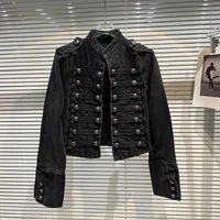 Chaquetas vaqueras con cuello levantado para mujer, abrigo de Motor lavado Vintage, color negro, estilo Punk, ropa de abrigo holgada de manga larga para otoño 2025