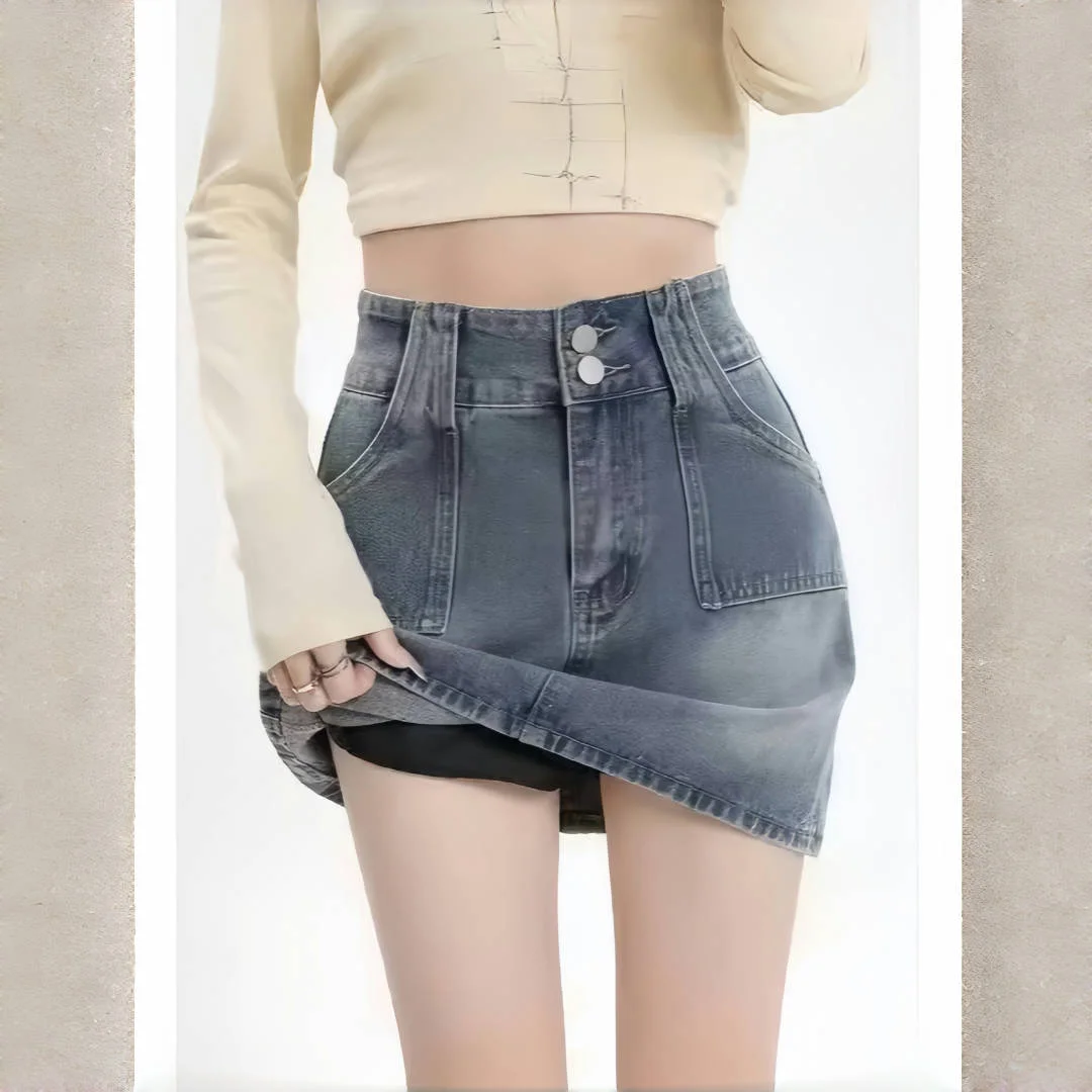 

Короткая юбка на подкладке, джинсовая юбка с высокой талией, юбка А-силуэта, новый весенний стиль, женская юбка-половина, минималистский стиль.