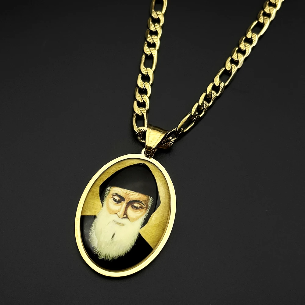 Orthodox Church Saint Charbel Glass Medal Pendant Necklace for Women Men Stainless Steel Gold Color Amulet Protection Jewelry