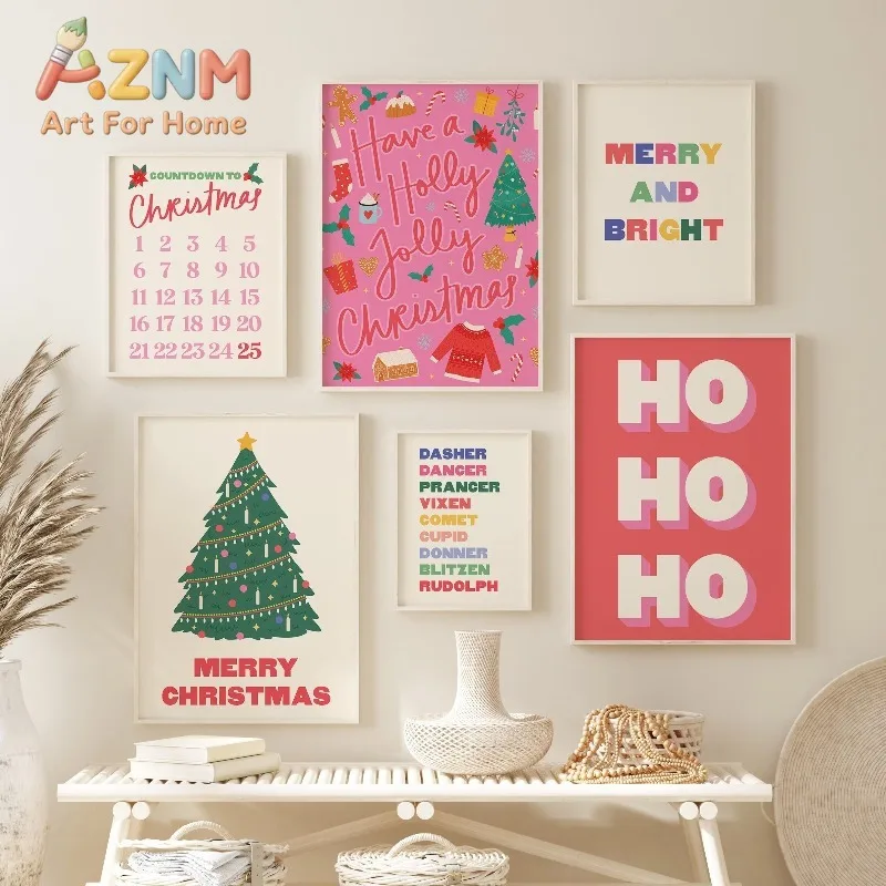 Christmas Gallery Wall Prints Fun Xmas Tree Quote Countdown Festive Unframed Canvas Wall Art for Living Room Home Holiday Decor