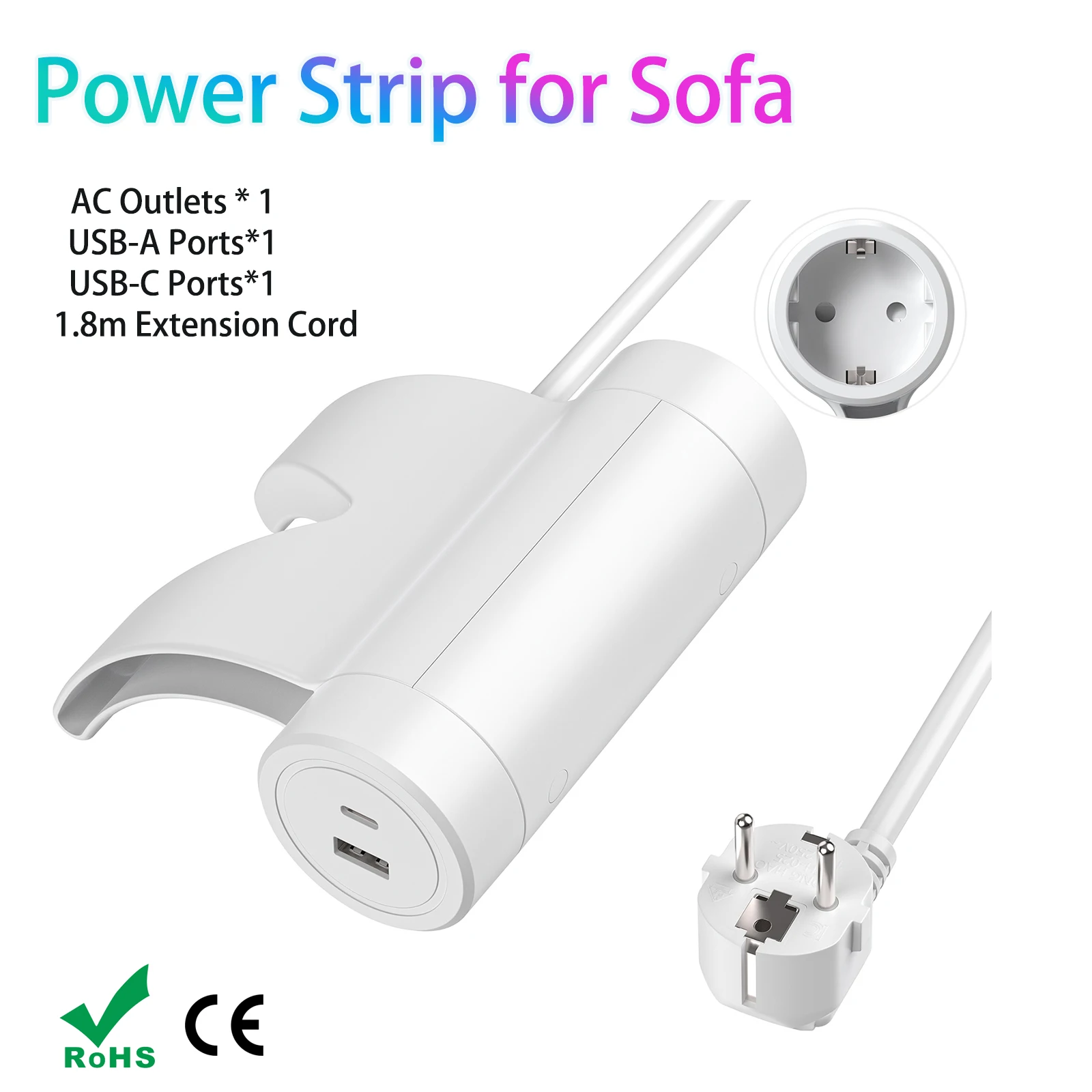 HITRENDS EU Plug Sofa Socket with USB and Type-C PD 20W fast charging, Furniture Power Strip with 1.8 m Extension Cable