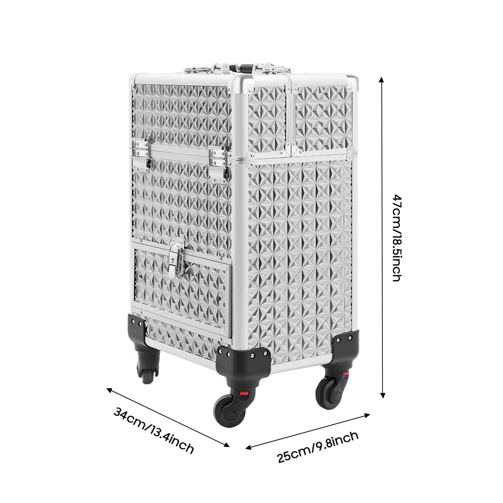 Rolling Makeup Case with 4 Detachable Wheels Aluminum 44.09 lbs Portable Drawer Hand-held Key Lockable (Silver) for Contests