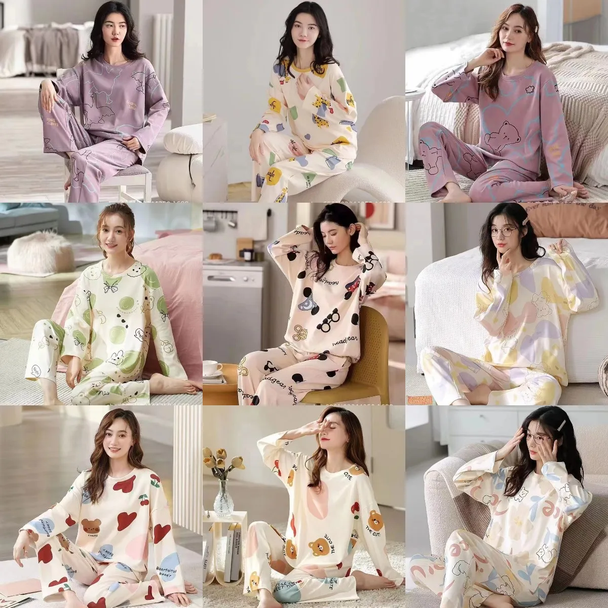 2Pcs/Set Spring and Autumn Women Pajamas Cute Floral cotton Cartoon Long-Sleeved Large Size Clothing Korean Elastic HomeWear