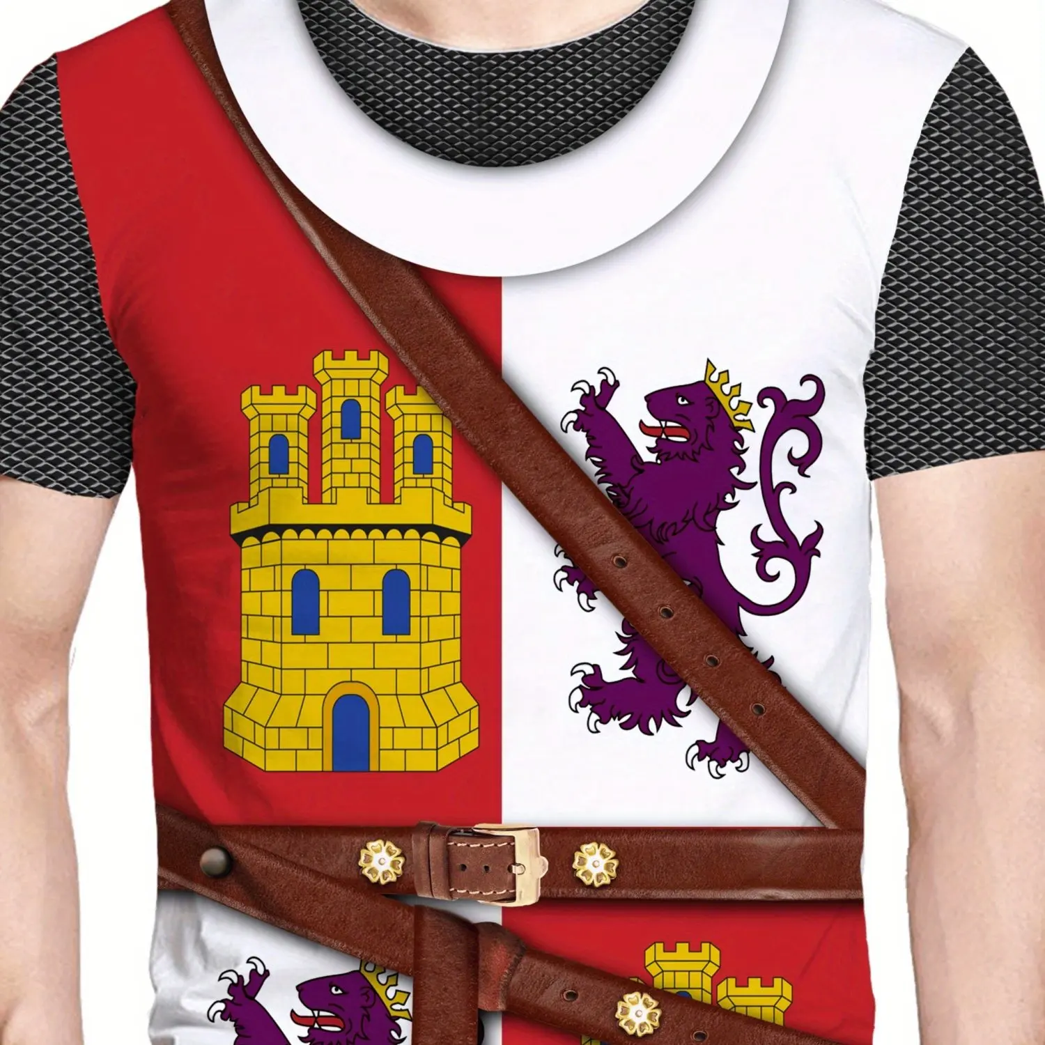 Men's Retro Medieval Knight 3D Print T-Shirt - Short Sleeve, Red & White Geometric Design with Castle & Dragon Emblem