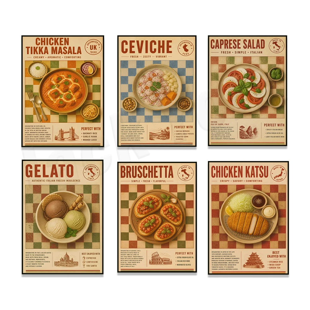 Chicken pot pie, ceviche, french fries, ice cream, Tom Yum soup, fried chicken cutlet, Shakshuka, dumplings, food poster