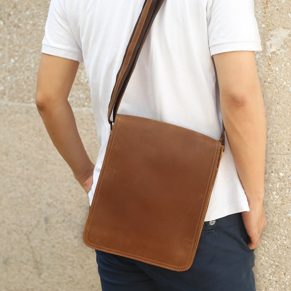 Bolso cruzado de cuero Crazy Horse para hombre, bandolera de gran capacidad con solapa de cuero genuino, versátil, Retro