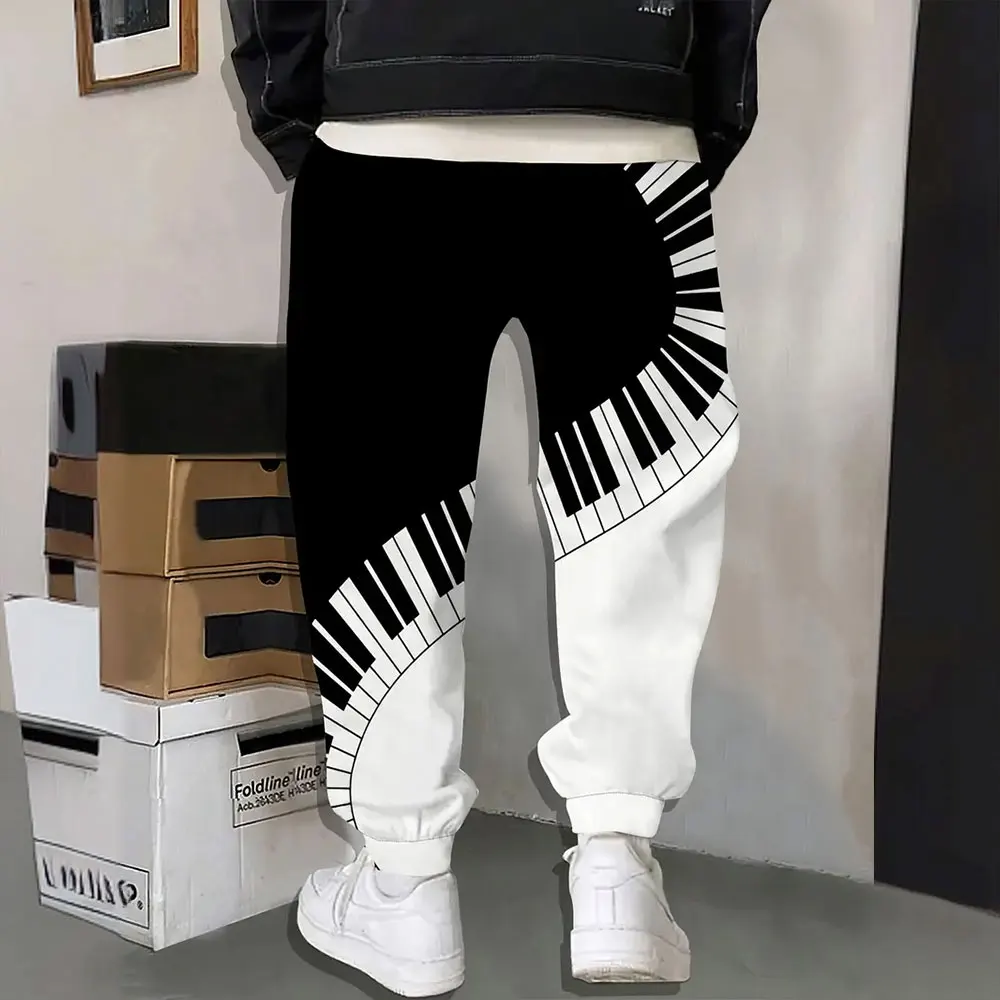 2024 New Fashion Geometric Print Sweatpants Men\'s Large Size Loose Casual Pocket Drawstring Sweatpants Winter Thick Warm Pants