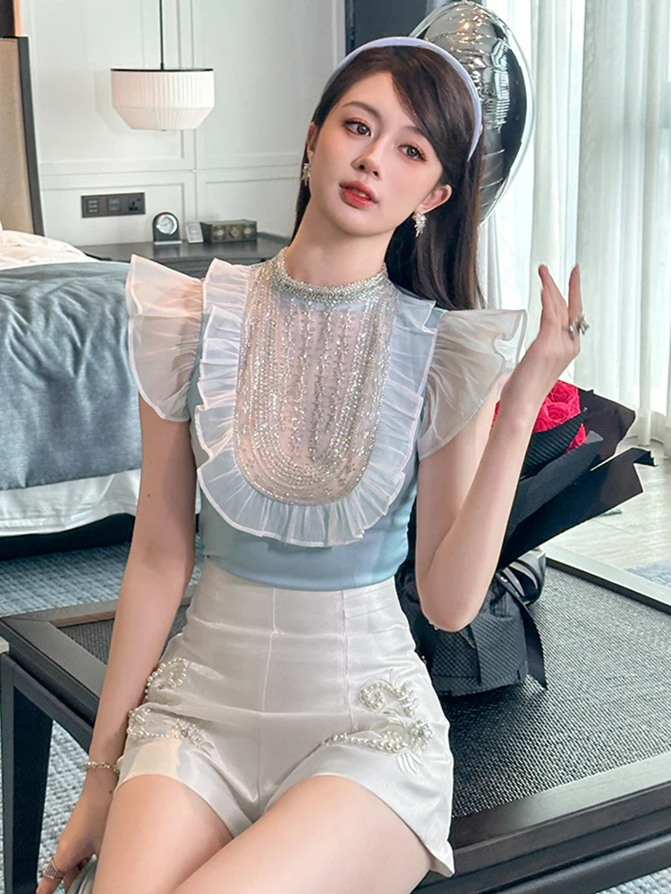 

Women Clothes Sweet Ruffle Sparkly Slim Shirt Elegant Luxury Lady Mujer Short Sleeve Short Tops Casual Blouse Fashion Summer New