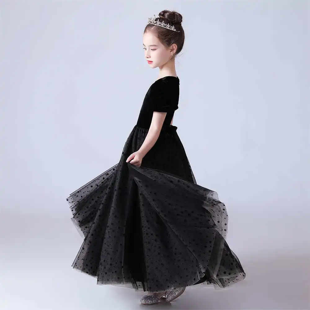 Muslimah Polka dot Tulle abiti da damigella d'onore 2023 maniche a sbuffo Flower Girl per matrimonio O collo bambini prima comunione per adolescenti