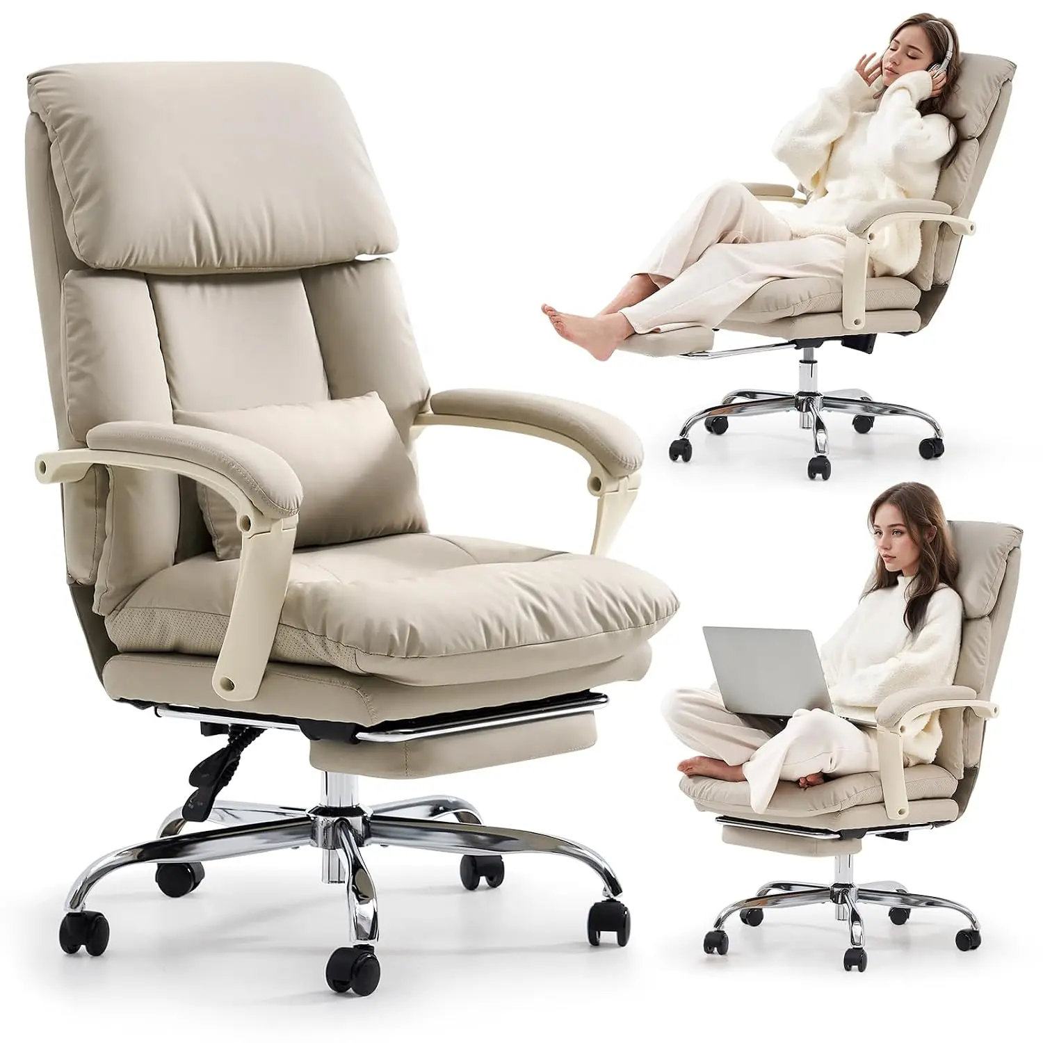 Office Chair with Foot Rest Executive Office Chair, PU Leather, Beige | Ergonomic Reclining Office Chair High Back, Customized