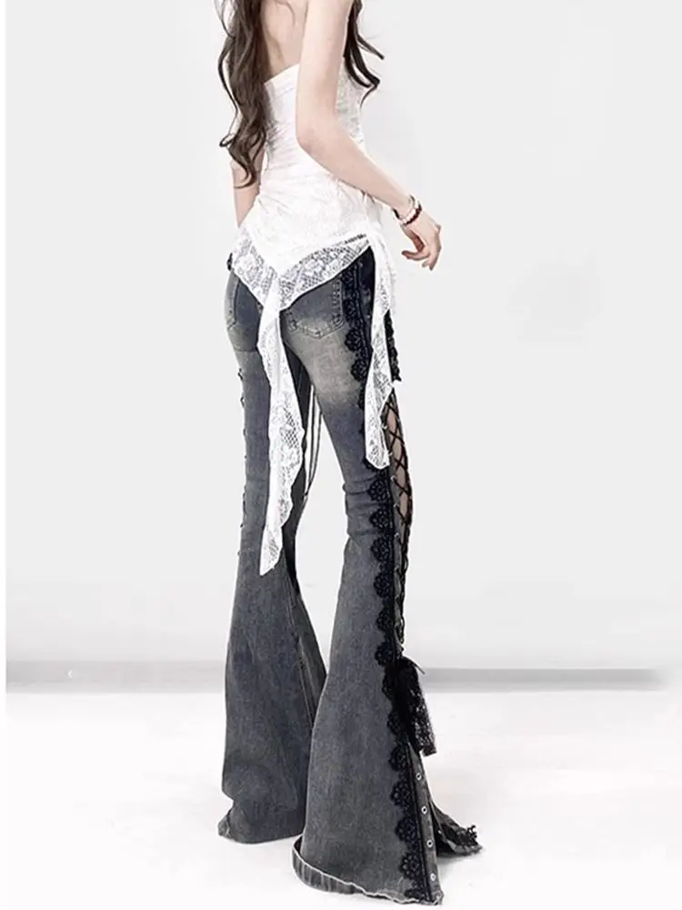 Retro Eyelets Lace Up Flare Jeans Stitch Lace Whiskers Slim Low Rise Split Bootcut Pants Women Bell Bottoms Streetwear