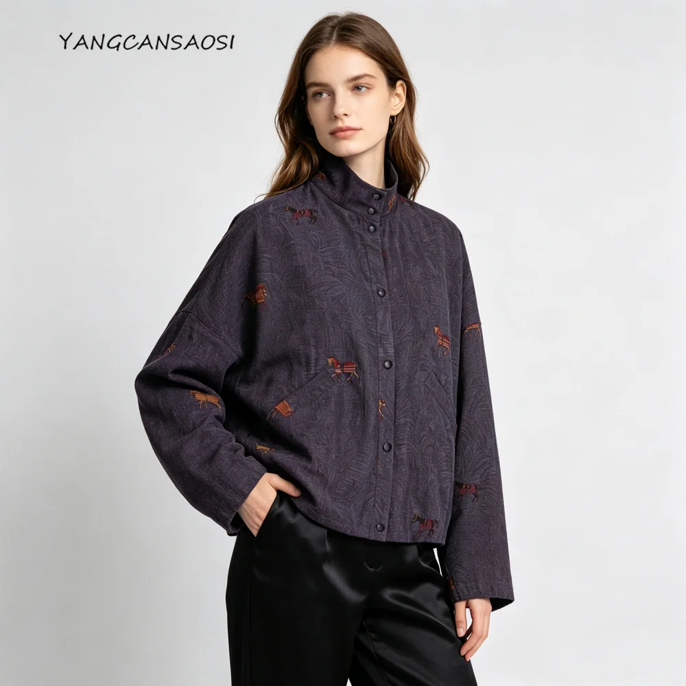 2026 Women's Fashion Autumn New Horse Print 100% Natural Mulberry Silk Gambiered Guangdong Gauze Batwing Long Sleeves Jacket