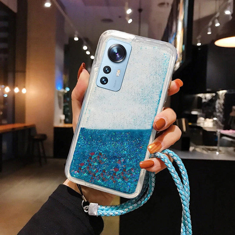 Lanyard Glitter Liquid Silicone Case For Xiaomi Mi 12 11 10 Pro Lite Ultra Quicksand Cover