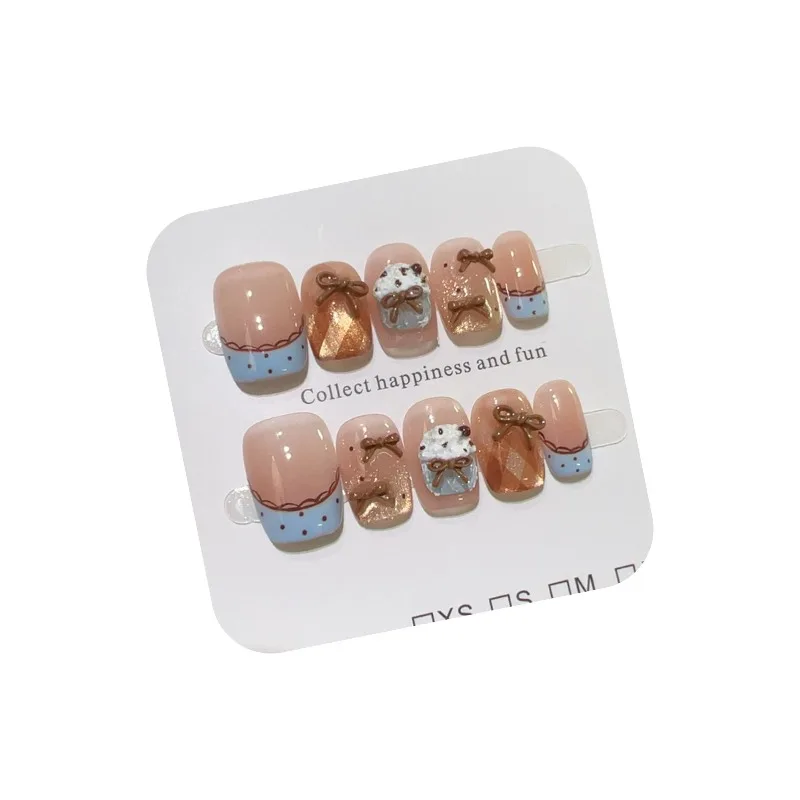 10 szt. Ręcznie Robione Paznokcie Naklejane Urocze Paznokcie Sztuczne 3D z Motywem Lodów i Kokardek z Naklejkami, Piękny Zestaw Paznokci Protetycznych