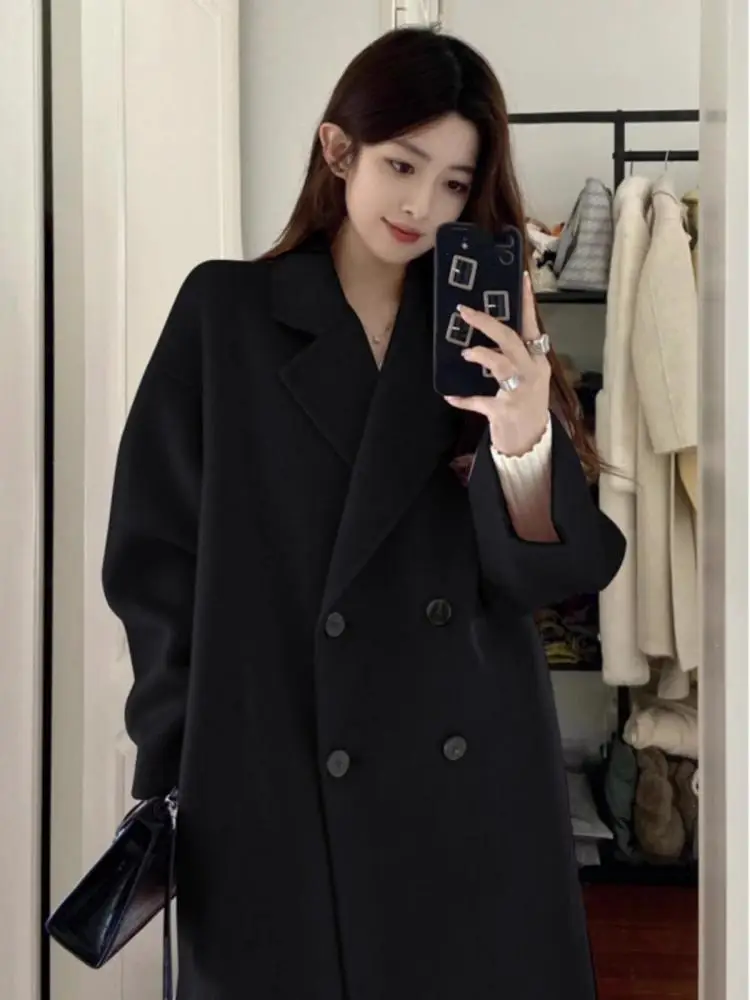 

Korean Version Autumn Winter Solid Woolen Cotton Jacket Women's Fashion Double Breasted Office Festival Outwear Coat Tops Casual