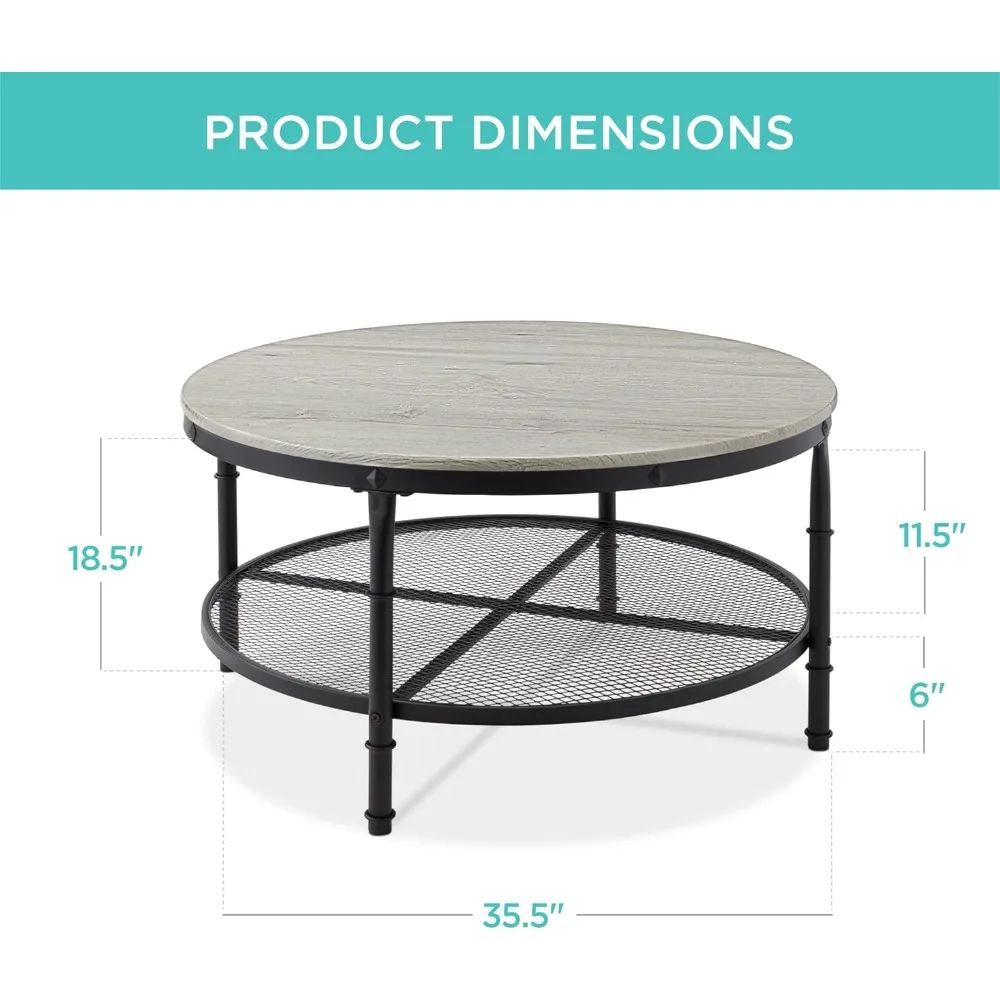 2-Tier 35.5in Round Industrial Coffee Table, Rustic Steel Accent Table for Living Room, w/Wooden Tabletop , Reinforced Crossbars