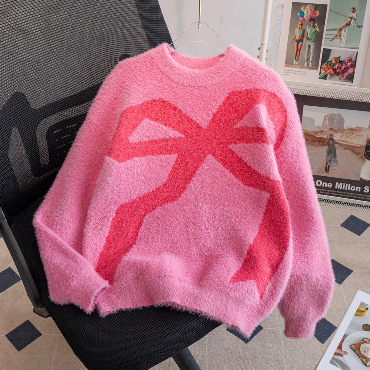 Girl's street style bow imitation mink wool sweater knitted pullover suitable for parties, daily activities, spring, autumn, win