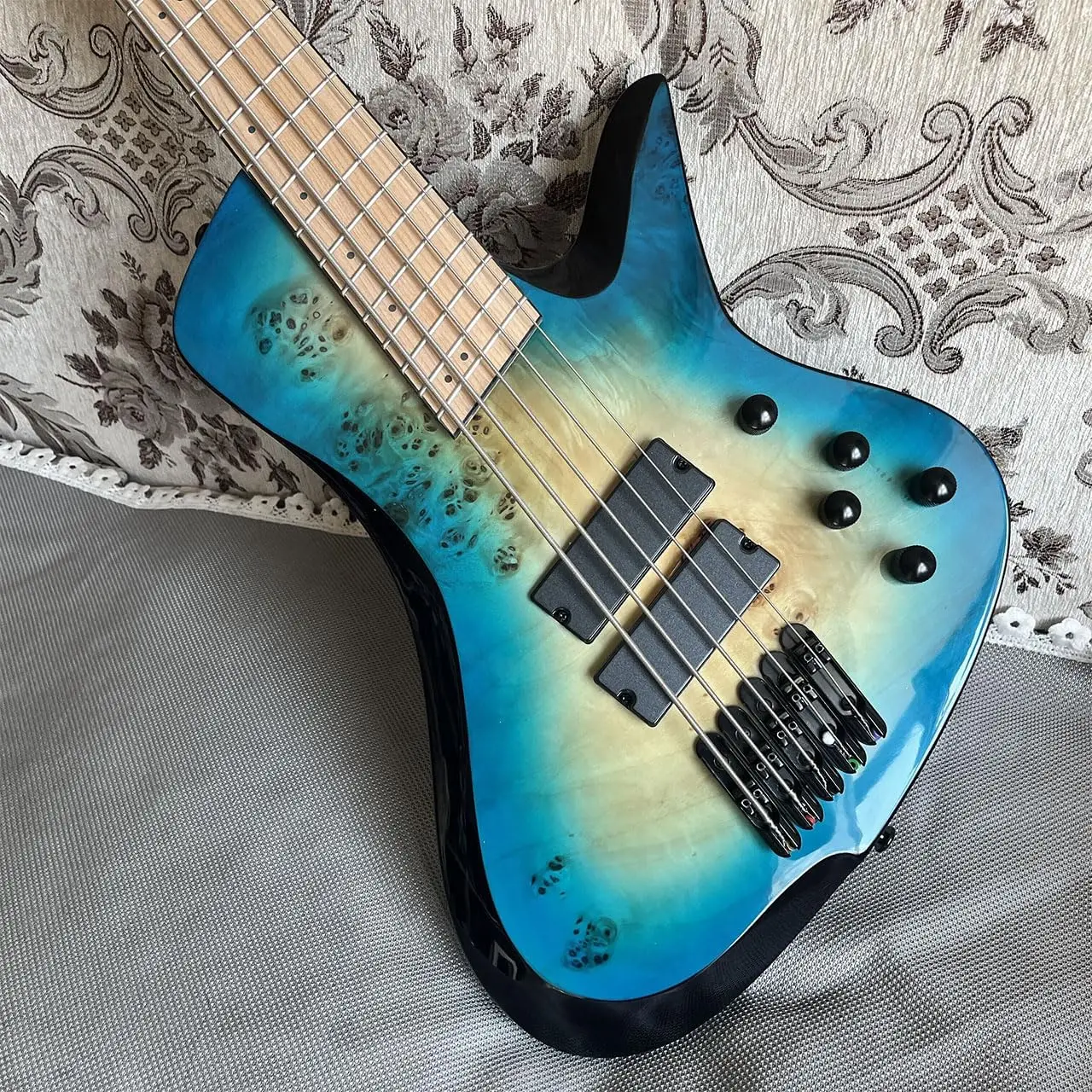 Fanned Fret 5 string Electric Bass Guitar Blue Burl Burst Quilt Maple Top Roasted Maple Neck