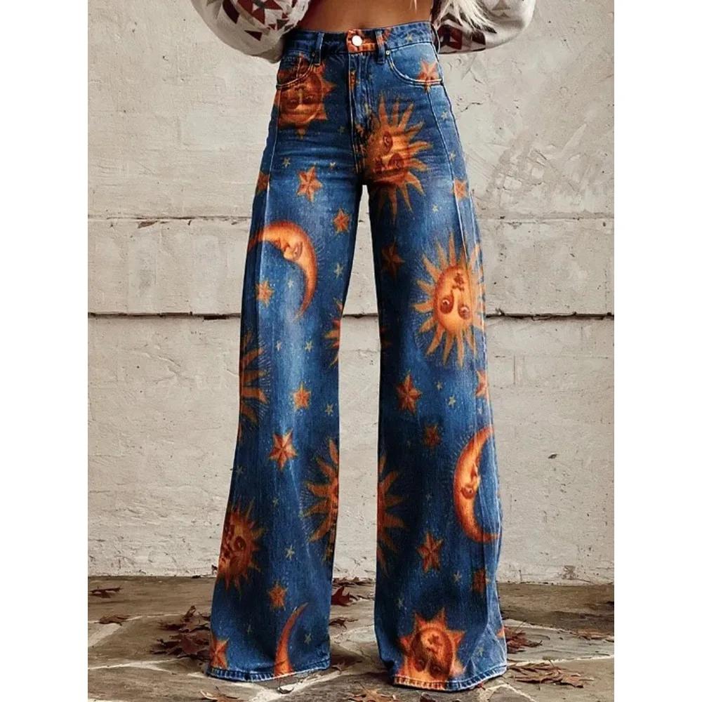 Y2K Ästhetik: Himmelblau-Sonnen-Mond-Stern-Print High-Waist Wide-Leg-Hose für Damen – Grunge Streetwear Lässige Loose-Fit-Hose Übergröße – Detail 11