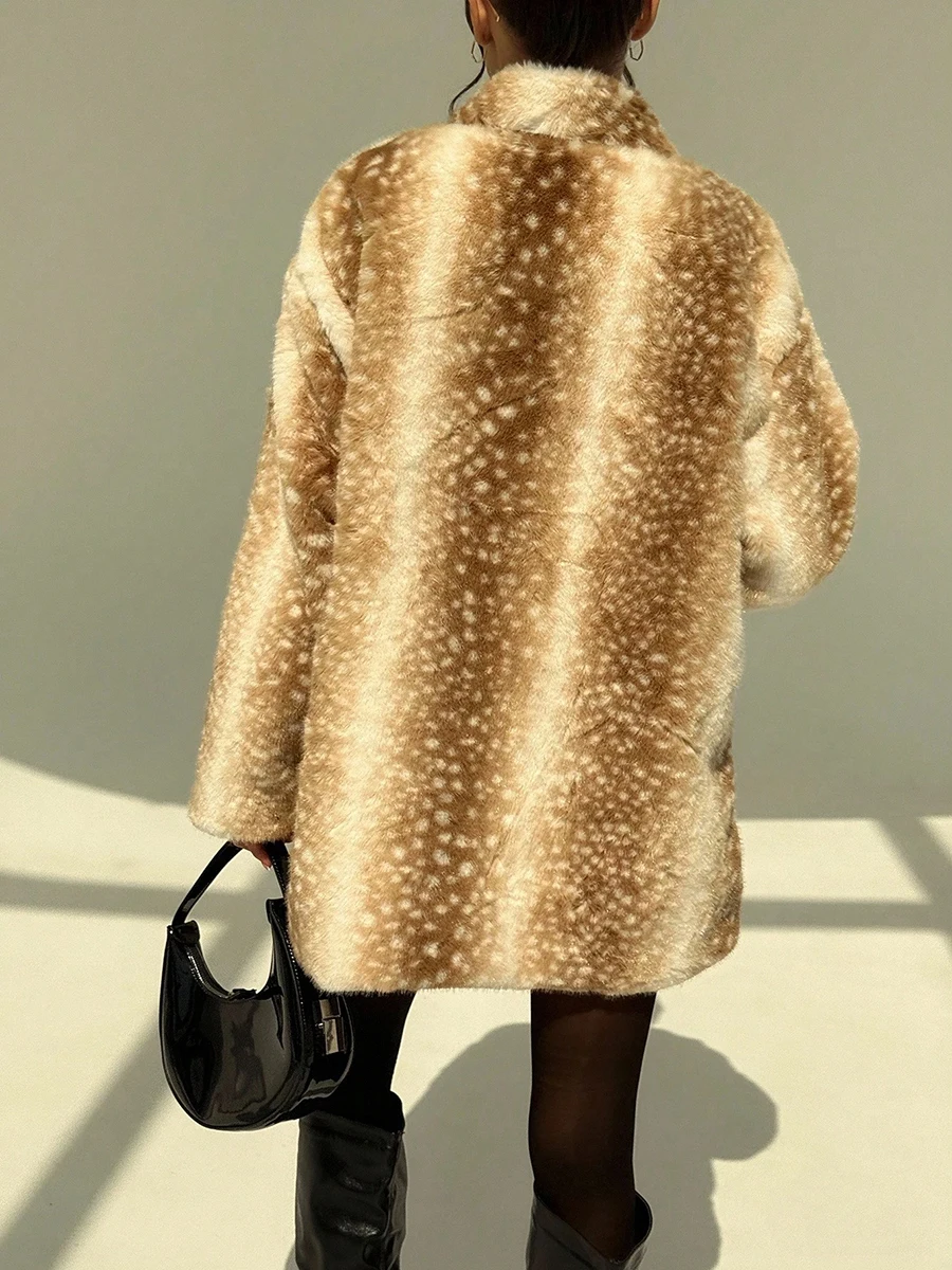 LIMO Women Deer Spot Faux Fur Coat Wide Lapel Loose Fluffy Jacket