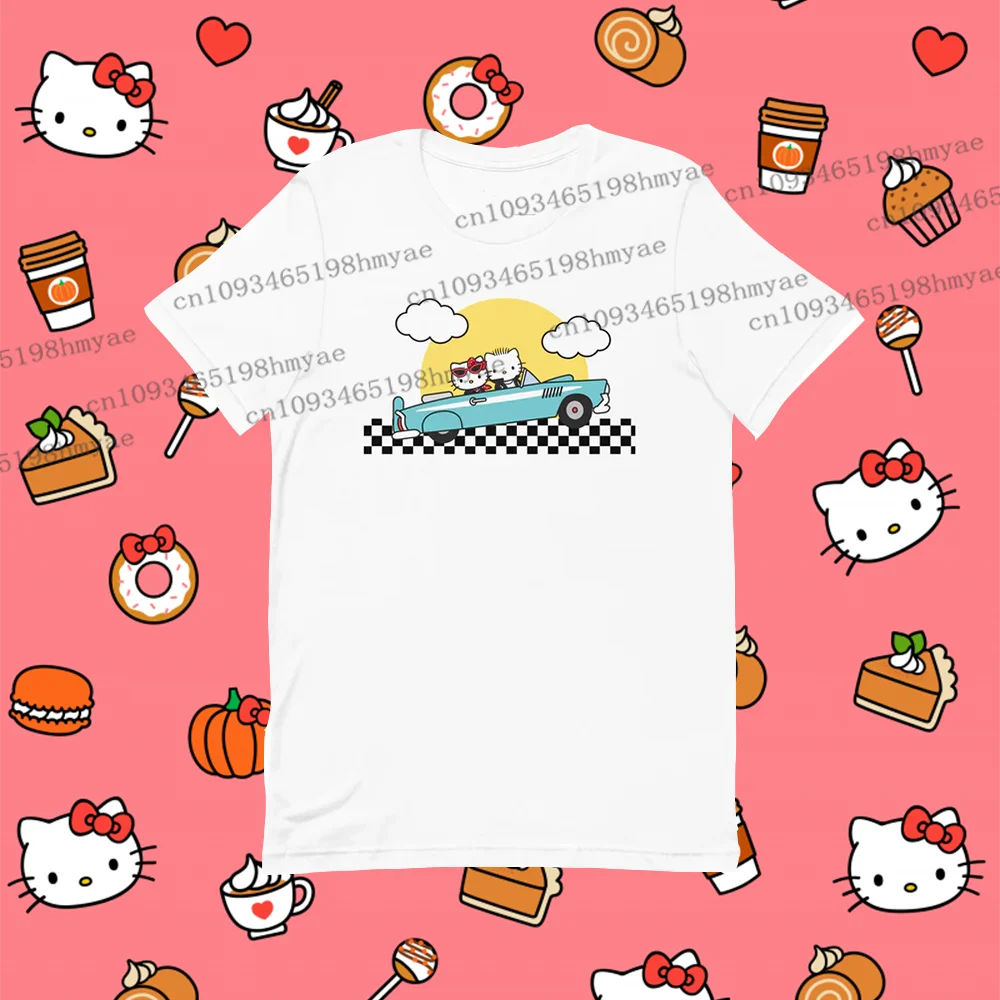 

2025 Summer Cartoon Sanrio Hello Kitty & Dear Daniel Sunset Drive T-shirt Street Women's Casual Cool Fashion Cute Cotton Tee