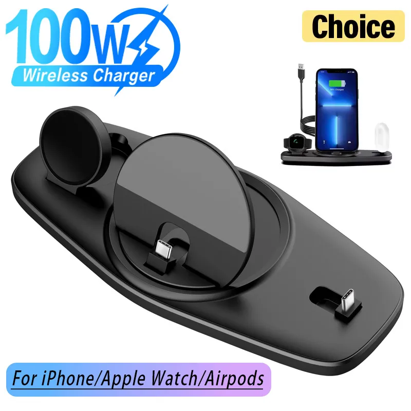 무선 충전기 스탠드, 아이폰 16, 15, 14, 13, 12, 애플 워치 2-9 SE, 에어팟 프로용, 데스크탑 폰 거치대 고속 충전, 100W, 3 in 1