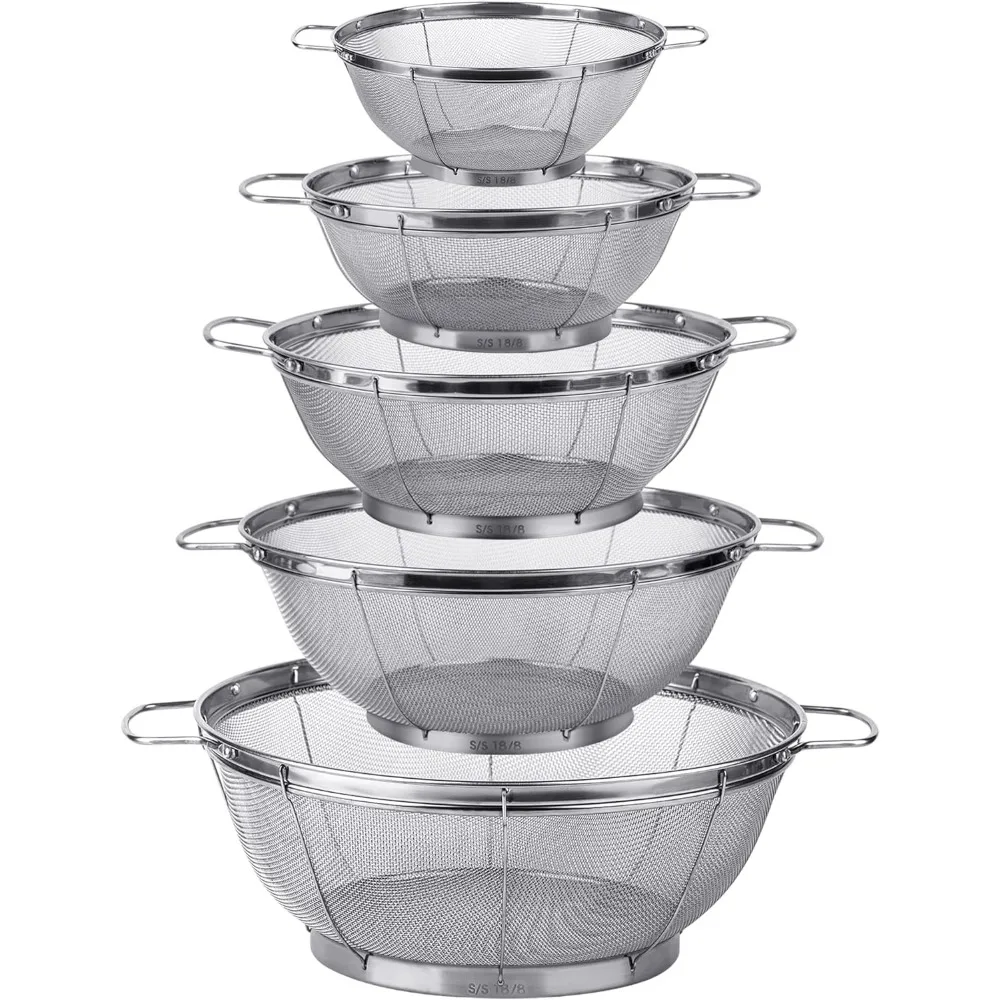 

5 Pack 18/8 Stainless Steel Colander Sieves, Multi Size Mesh Strainer Net Baskets with Handles & Resting Base for Strain, Drain,