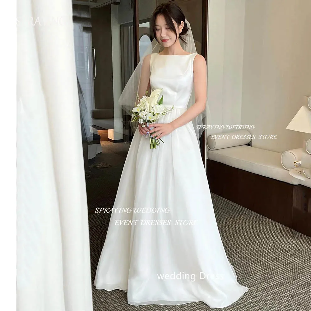 

SPRAYING Simple Korea O Neck Wedding Dress Photo Shoot Sleeveless Organza Bridal Gown Women A-line Long Robe De Mariage 웨딩드레스