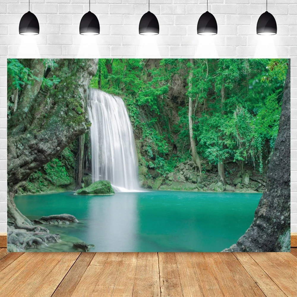 Blue Lake and Waterfall Backdrop for Photography Mountain Forest Great Falls Scenery Flowers Spring Background Photo Studio Prop