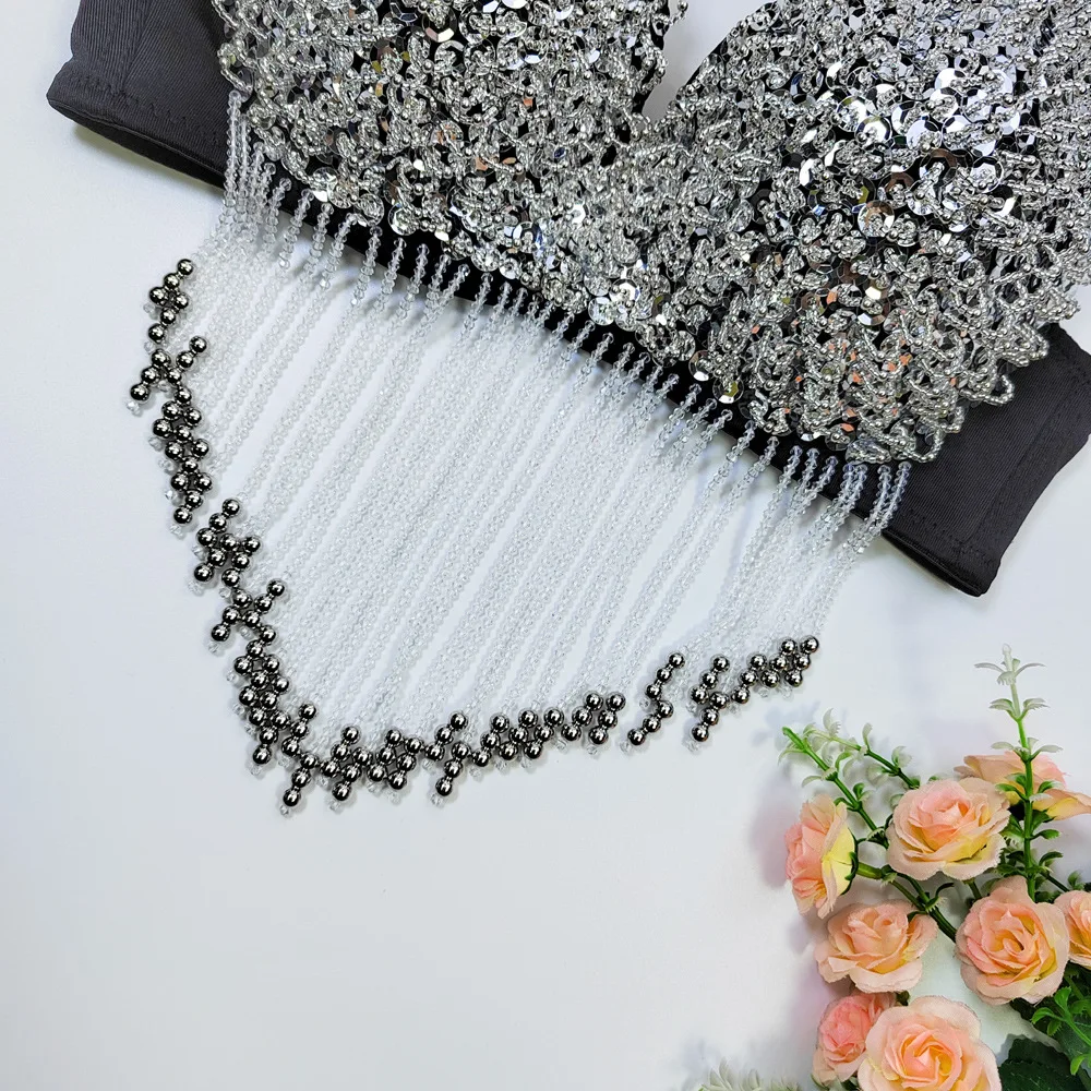 Novo estilo aberto de volta franjas halter topo sexy boate desempenho roupa palco carnaval festa busto-améliorando roupa interior