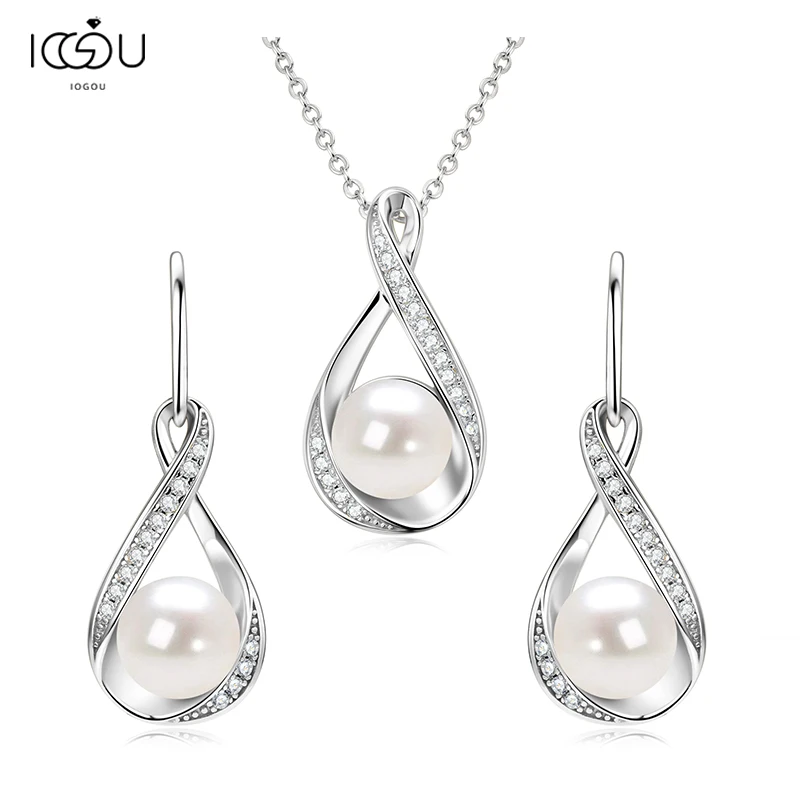IOGOU Moissanite Natural Freshwater Pearl Jewelry Set Pendant Necklace Earrings Sets 925 Sterling Silver for Women Wedding Gifts