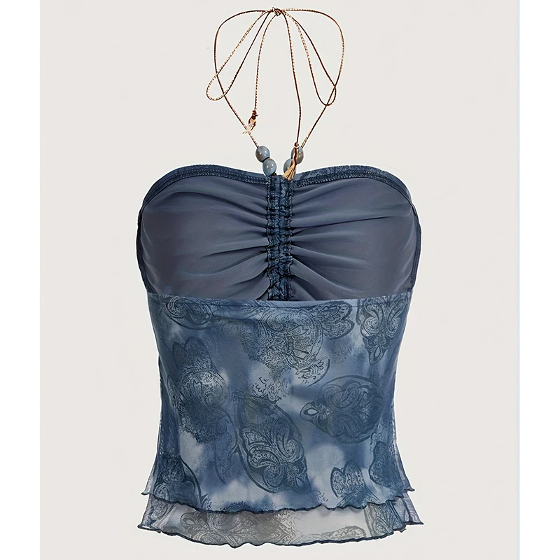 Original Retro Hot Girl Style Tie-Dye Print Ruched Strap Halter Women's Vest Gothic Summer New Sexy Beaded Sleeveless Top Ladies