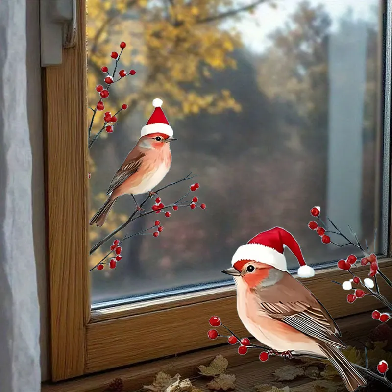 1 مجموعة عيد الميلاد فروع التوت الأحمر ثلاثة الطيور في سانتا القبعات ملصقات نافذة ذاتية اللصق جدار حفلة شارات الفينيل مهرجان ديكور