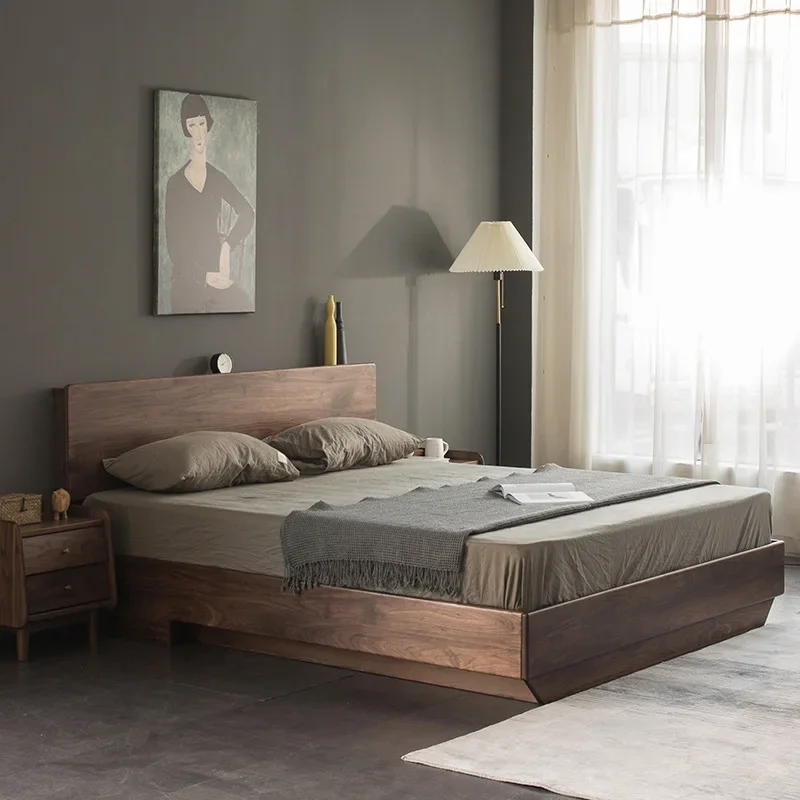 Nordic all solid wood black walnut double bed modern simple Japanese box storage bed