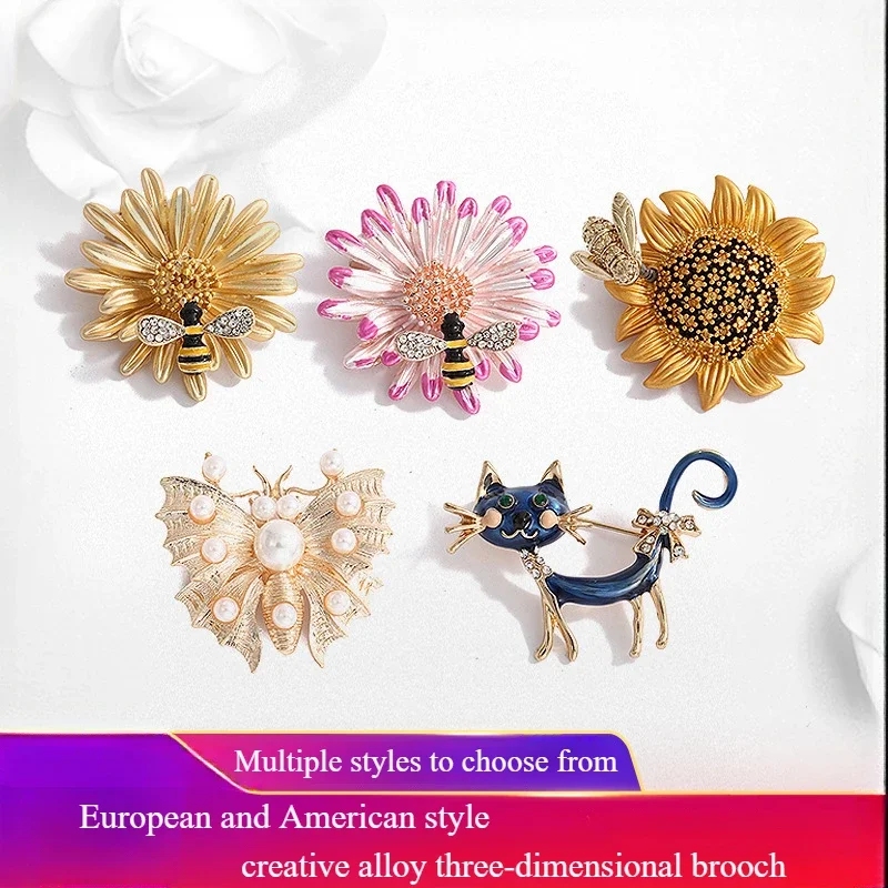 Fresh Natural Creative Three-dimensional Flower Brooch Sunflower Peony Pearl Chest Flower Cat Diamond Studded Alloy Decorations