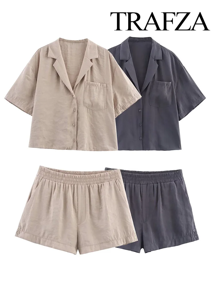 

TRAFZA Women Summer Fashion Shorts Suit Short Sleeves Pockets Single-breasted V-Neck Shirts+Elastic Waist Mid-slouch Mini Shorts
